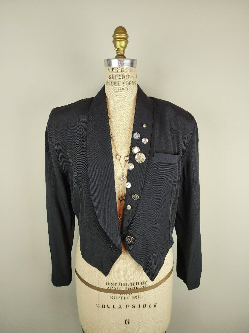 Vintage Steampunk Button Embellished Black Cropped Tuxedo Style Blazer